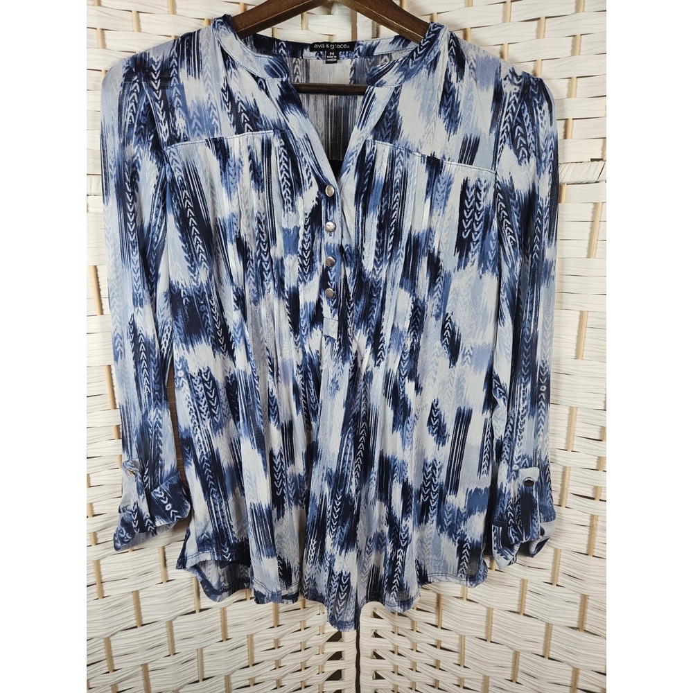 Ava & Grace Navy Blue Southwestern Mesh Roll Tab Sleeve Blouse Medium Boho